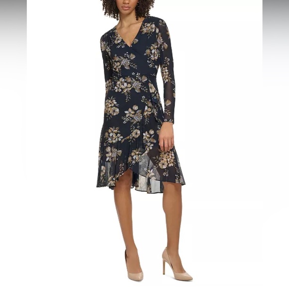 NWT Tommy Hilfiger Women's Floral-Print Mesh Faux-Wrap Dress. 12W - Picture 1 of 6